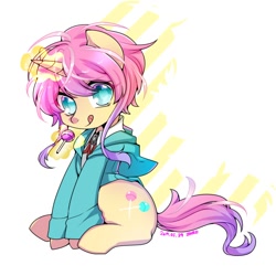 Size: 1000x1000 | Tagged: safe, artist:zakro, oc, oc only, species:pony, species:unicorn, candy, clothing, cute, female, food, glowing horn, levitation, lollipop, magic, mare, solo, telekinesis, tongue out