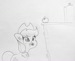 Size: 1548x1272 | Tagged: safe, artist:tjpones, character:applejack, species:earth pony, species:pony, adorable distress, apple, counter, cute, female, food, jackabetes, lineart, looking up, mare, monochrome, open mouth, paper towels, pencil drawing, solo, that pony sure does love apples, traditional art