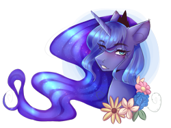Size: 2008x1505 | Tagged: safe, artist:dawndream2003, artist:sugarynoodle, character:princess luna, species:pony, bust, collaboration, crown, cute, ear fluff, ethereal mane, eye clipping through hair, flower, galaxy mane, head only, jewelry, lunabetes, portrait, regalia, simple background, solo, transparent background