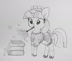 Size: 1627x1379 | Tagged: safe, artist:tjpones, character:twilight sparkle, species:pony, book, clothing, cute, dress, duster, french maid, lineart, maid, maid headdress, mary janes, monochrome, mouth hold, shoes, sketch, skirt, socks, solo, traditional art, twiabetes