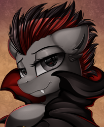 Size: 1446x1764 | Tagged: safe, artist:pridark, oc, oc:ruza, species:pony, bust, cape, clothing, commission, fangs, handsome, male, portrait, solo, vampire, wavy mouth
