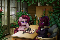 Size: 3509x2350 | Tagged: safe, artist:pridark, oc, oc only, species:earth pony, species:pony, species:unicorn, chair, chess, clothing, high res, indoors, scenery, sitting, suit, table