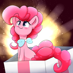 Size: 1600x1600 | Tagged: safe, artist:madacon, character:pinkie pie, species:pony, blushing, bow, bow tie, box, cute, diapinkes, ear fluff, female, leg fluff, micro, pony in a box, present, simple background, smiling, solo, transparent background