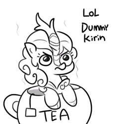 Size: 1650x1650 | Tagged: safe, artist:tjpones, character:autumn blaze, species:kirin, species:pony, cup, cup of pony, cute, female, food, frown, glare, grayscale, kirin beer, kirin tea, lineart, looking up, madorable, micro, monochrome, mundane utility, ponies in food, simple background, solo, tea, teabag, teacup, teapot, text, this will end in fire, this will end in nirik, unamused, white background