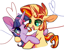 Size: 800x650 | Tagged: safe, artist:phyllismi, character:sunset shimmer, character:twilight sparkle, character:twilight sparkle (alicorn), species:alicorn, species:pony, species:unicorn, ship:sunsetsparkle, female, hug, lesbian, long ears, mare, shipping, simple background, white background