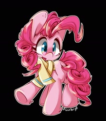 Size: 1564x1791 | Tagged: safe, artist:fluorbaryt, character:pinkie pie, species:earth pony, species:pony, black background, clothing, cute, female, mare, outline, scarf, simple background, solo, unshorn fetlocks