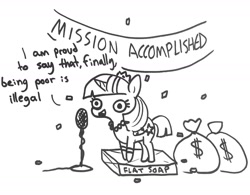 Size: 1593x1242 | Tagged: safe, artist:tjpones, character:twilight sparkle, character:twilight sparkle (alicorn), species:alicorn, species:pony, banner, crown, female, jewelry, mare, microphone, mission accomplished, money, monochrome, regalia, soapbox, solo, sparkles! the wonder horse!, tyrant sparkle