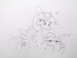 Size: 1920x1440 | Tagged: safe, artist:tjpones, character:big mcintosh, character:twilight sparkle, character:twilight sparkle (alicorn), species:alicorn, species:earth pony, species:pony, 5'11" vs 6'0", chest fluff, duo, ear fluff, female, grayscale, hay, hay stalk, head pat, lineart, male, mare, monochrome, pat, simple background, size difference, stallion, straw in mouth, traditional art