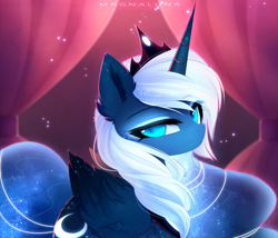 Size: 3333x2859 | Tagged: safe, artist:magnaluna, character:princess luna, species:alicorn, species:pony, alternate design, bust, butt fluff, colored pupils, colored wings, crown, curtains, cute, ear fluff, ethereal mane, eye clipping through hair, eyebrows, eyebrows visible through hair, female, folded wings, galaxy mane, gradient wings, jewelry, lidded eyes, lunabetes, mare, regalia, solo, starry wings, wings