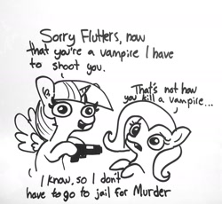 Size: 1527x1403 | Tagged: safe, artist:tjpones, character:fluttershy, character:twilight sparkle, character:twilight sparkle (alicorn), species:alicorn, species:pegasus, species:pony, female, gun, logic, mare, monochrome, sparkles! the wonder horse!, wat, weapon