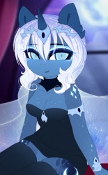 Size: 548x883 | Tagged: safe, artist:magnaluna, character:princess luna, species:alicorn, species:anthro, species:pony, breasts, busty princess luna, cleavage, clothing, colored pupils, cute, dress, ear fluff, female, looking at you, lunabetes, mare, shoulder fluff, smiling, socks, solo, thigh highs, wip, zettai ryouiki