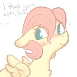 Size: 1280x1280 | Tagged: safe, artist:hippykat13, artist:tjpones, edit, editor:hippykat13, character:fluttershy, species:pegasus, species:pony, adorascotch, blushing, bust, butterscotch, color edit, colored, cute, dialogue, floppy ears, male, modern art, offscreen character, optical illusion, portrait, rule 63, rule63betes, shyabetes, simple background, smiling, solo, white background, wings