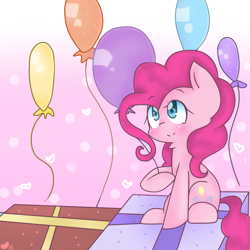 Size: 1000x1000 | Tagged: safe, artist:windymils, character:pinkie pie, species:earth pony, species:pony, balloon, blushing, cute, diapinkes, female, gradient background, heart, mare, neck fluff, present, sitting, solo
