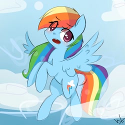 Size: 1000x1000 | Tagged: safe, artist:windymils, character:rainbow dash, species:pegasus, species:pony, cloud, colored pupils, cute, dashabetes, eye clipping through hair, female, flying, mare, open mouth, sky, solo