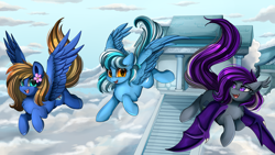 Size: 2920x1642 | Tagged: safe, artist:pridark, oc, oc only, oc:star glider, oc:stormy night, oc:wind sail, species:bat pony, species:pegasus, species:pony, bat pony oc, cloud, cloudsdale, commission, eye reflection, female, flower, flower in hair, fluffy, flying, mare, open mouth, reflection, sky