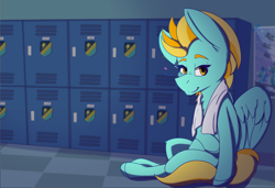 Size: 6650x4550 | Tagged: safe, artist:lula-moonarts, character:lightning dust, species:pegasus, species:pony, absurd resolution, cloudsdale, female, locker room, looking at you, mare, sitting, smiling, solo, towel