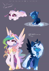 Size: 1920x2769 | Tagged: safe, artist:magnaluna, character:princess celestia, character:princess luna, species:alicorn, species:pony, alternate universe, baby, baby pony, blep, cewestia, crown, cute, cutelestia, duo, female, filly, headcanon, jewelry, lunabetes, magic, magic circle, mare, question mark, raspberry, regalia, royal sisters, siblings, silly, sisters, summoning, summoning circle, tongue out, twin sisters, twins, weapons-grade cute, woona, younger