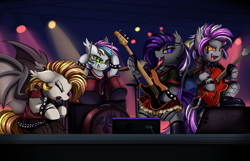 Size: 2900x1868 | Tagged: safe, artist:pridark, oc, oc only, oc:azalea veil, oc:celestial aegis, oc:eclaircie, oc:stormy night, species:bat pony, species:pony, badass, band, bass guitar, bat pony oc, bipedal, clothing, commission, concert, drum kit, drums, drumsticks, electric guitar, eyes closed, guitar, hoof hold, microphone, musical instrument, open mouth, plaid skirt, singing, skirt, spotlight, stage