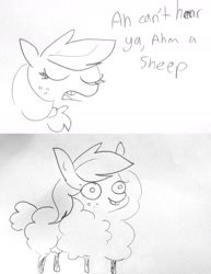 Size: 1340x1738 | Tagged: safe, artist:tjpones, character:applejack, species:pony, species:sheep, episode:look before you sleep, g4, my little pony: friendship is magic, beep beep, monochrome, pun, silly, silly pony, sketch, solo, species swap, who's a silly pony, word play