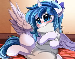 Size: 2516x1989 | Tagged: safe, artist:pridark, oc, oc only, species:alicorn, species:pony, alicorn oc, blushing, commission, cute, female, hnnng, hug, mare, ocbetes, pillow, pillow hug, shy, solo