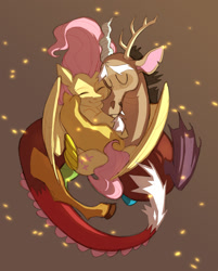 Size: 1280x1594 | Tagged: safe, artist:kapusha-blr, character:discord, character:fluttershy, species:draconequus, species:pegasus, species:pony, ship:discoshy, brown background, cute, discute, eyes closed, female, hug, male, mare, shipping, shyabetes, simple background, smiling, straight