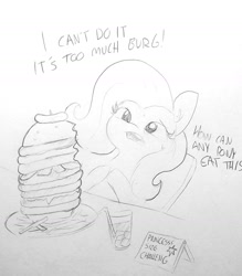 Size: 1379x1571 | Tagged: safe, artist:tjpones, character:fluttershy, species:pegasus, species:pony, burger, dialogue, drink, drinking straw, ear fluff, eating contest, female, food, glass, grayscale, ice cube, large amount of burg, lineart, mare, monochrome, open mouth, overeating, simple background, sitting, solo, traditional art