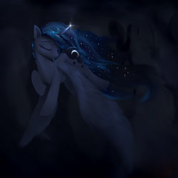 Size: 1600x1600 | Tagged: source needed, safe, artist:noctilucent-arts, edit, character:princess luna, species:alicorn, species:pony, dark, eyes closed, female, flying, mare, smiling, solo