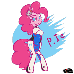 Size: 1000x1000 | Tagged: safe, artist:ggumbaramggun, character:pinkie pie, species:pony, abstract background, bipedal, clothing, cosplay, costume, crossed hooves, crossover, d.va, latin american, melissa gedeón, no pupils, overwatch, p.nkie, solo, voice actor joke