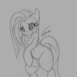 Size: 1280x1280 | Tagged: safe, artist:foldeath, character:pinkamena diane pie, character:pinkie pie, species:pony, belly button, blep, cute, cuteamena, female, grayscale, mare, mlem, monochrome, semi-anthro, silly, simple background, solo, tongue out
