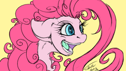 Size: 1280x720 | Tagged: safe, artist:foldeath, character:pinkie pie, species:pony, bust, female, floppy ears, mare, open mouth, simple background, solo, yellow background