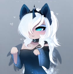 Size: 2845x2876 | Tagged: safe, artist:magnaluna, character:princess luna, species:human, blue eyeshadow, button, clothing, eared humanization, ethereal mane, eyeshadow, female, galaxy mane, hair over one eye, humanized, makeup, palindrome get, smiling, solo, winged humanization, wings
