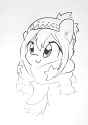 Size: 1104x1564 | Tagged: safe, artist:tjpones, species:earth pony, species:pony, clothing, cute, ear fluff, female, grayscale, hat, lineart, mare, monochrome, nadeshiko kagamihara, ponified, scarf, simple background, smiling, solo, traditional art, warm, weapons-grade cute, winter outfit, yuru camp