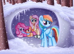 Size: 1328x970 | Tagged: safe, artist:ctb-36, character:fluttershy, character:pinkie pie, character:rainbow dash, character:scootaloo, species:pegasus, species:pony, bandage, cave, clothing, crying, first aid kit, quintet, scarf, scootalove, snow, snowfall