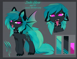 Size: 5560x4320 | Tagged: safe, artist:magnaluna, oc, oc only, oc:jade glow, species:bat pony, species:pony, adoptable, bat pony oc, chest fluff, collar, fangs, forked tongue, gray background, open mouth, reference, reference sheet, simple background, slit eyes, slit pupils, solo, spiked collar, tongue out