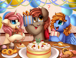 Size: 3300x2550 | Tagged: safe, artist:pridark, oc, oc only, oc:quick trip, oc:rose pendant, oc:winterlight, species:earth pony, species:pegasus, species:pony, species:unicorn, balloon, commission, cupcake, dessert, food, mouth hold, open mouth, pastry, plate, present, question mark