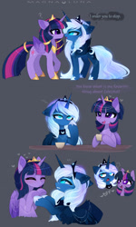 Size: 1920x3191 | Tagged: safe, artist:magnaluna, character:princess luna, character:twilight sparkle, character:twilight sparkle (alicorn), species:alicorn, species:pony, g4, alternate universe, blushing, clothing, crown, cute, duo, duo female, eyebrows, eyebrows visible through hair, eyes closed, female, gray background, implied lesbian, implied shipping, implied twilestia, jewelry, luna is not amused, lunabetes, profile, regalia, shoes, simple background, starry eyes, three quarter view, twiabetes, unamused, wingding eyes