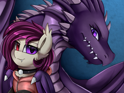 Size: 2379x1783 | Tagged: safe, artist:pridark, oc, oc only, species:bat pony, species:dragon, species:pony, bat pony oc, blue background, bust, collar, commission, heterochromia, multicolored eyes, pendant, portrait, sharp teeth, simple background, smiling, teeth
