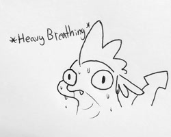 Size: 1101x881 | Tagged: safe, artist:tjpones, character:spike, black and white, description is relevant, descriptive noise, grayscale, heavy breathing, monochrome, ponified meme, solo, sweat, sweating profusely, tail, tailboner