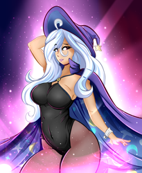 Size: 1150x1400 | Tagged: safe, artist:madacon, character:trixie, species:human, breasts, busty trixie, cape, clothing, curvy, eye clipping through hair, female, hat, humanized, leotard, looking at you, magician outfit, sexy, solo, stupid sexy trixie, thick, trixie's cape