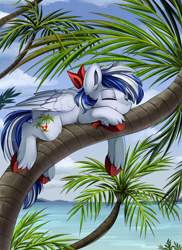 Size: 2550x3509 | Tagged: safe, artist:pridark, oc, oc only, species:pegasus, species:pony, commission, eyes closed, high res, island, male, neckerchief, ocean, palm tree, relaxed, resting, sand, scenery, shore, smiling, solo, stallion, tree, unshorn fetlocks, water