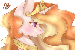 Size: 1024x683 | Tagged: safe, artist:icefoxe, artist:prettyshinegp, character:princess celestia, species:pony, alternate hair color, blushing, bust, collaboration, collar, crown, ethereal mane, eye clipping through hair, female, galaxy mane, jewelry, mare, necklace, open collaboration, profile, regalia, signature, simple background, smiling, solo, transparent background