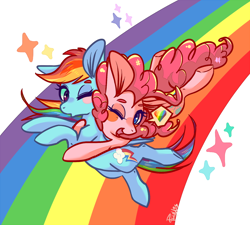 Size: 1000x900 | Tagged: safe, artist:phyllismi, character:pinkie pie, character:rainbow dash, species:earth pony, species:pegasus, species:pony, ship:pinkiedash, blush sticker, blushing, dialogue, female, heart, hug, lesbian, mare, one eye closed, rainbow, shipping, speech bubble