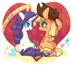 Size: 1000x900 | Tagged: safe, artist:phyllismi, character:applejack, character:rarity, species:earth pony, species:pony, species:unicorn, ship:rarijack, blush sticker, blushing, clothing, cowboy hat, cute, female, hat, heart, heart background, jackabetes, lesbian, love, lovewins, mare, pride, raribetes, shipping, sitting, taiwan