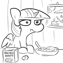 Size: 1080x1080 | Tagged: safe, artist:tjpones, character:princess celestia, character:twilight sparkle, character:twilight sparkle (alicorn), species:alicorn, species:pony, breakfast, cereal, displeased, eating, female, food, grayscale, look of disapproval, mare, monochrome, picture, picture frame, ponut, solo, spoon, twilight is not amused, unamused, ಠಠ