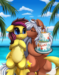 Size: 2855x3587 | Tagged: safe, artist:pridark, oc, oc only, oc:lucky radiance, unnamed oc, species:earth pony, species:pony, beach, birthday cake, blushing, cake, candle, commission, dessert, fire, food, kissing, ocean, open mouth, original species, plate, sand, shark pony