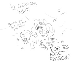 Size: 1501x1356 | Tagged: safe, artist:tjpones, oc, oc:brownie bun, species:earth pony, species:pony, horse wife, coin, dialogue, female, grayscale, lineart, loonies, mare, monochrome, music notes, offscreen character, running, simple background, solo, tape, traditional art, white background