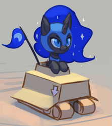 Size: 531x600 | Tagged: safe, artist:rodrigues404, character:nightmare moon, character:princess luna, species:pony, cardboard, cardboard box, colored pupils, cute, ethereal mane, female, filly, flag, galaxy mane, helmet, moonabetes, nightmare woon, smiling, solo, tank (vehicle), vehicle