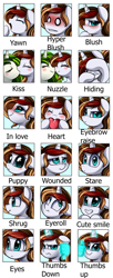 Size: 570x1402 | Tagged: safe, artist:pridark, oc, oc:scarlet serenade, oc:vinyl mix, species:pony, species:unicorn, blushing, cute, emotes, emotions, eye, eyeroll, eyes, female, heart, hiding, hooves on face, in love, kissing, looking at you, love, magic, mare, nuzzling, puppy dog eyes, smiling, staring into your soul, thumbs down, thumbs up, yawn