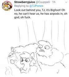 Size: 1383x1552 | Tagged: safe, artist:tjpones, oc, oc:tjpones, airpods, bigfoot, campfire, food, hoof hold, marshmallow, meme, meta, monochrome, oblivious, squidward the truck's coming, stealing, trail mix, tree, twitter