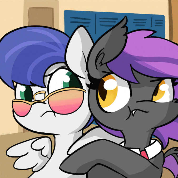 Size: 676x676 | Tagged: safe, artist:tjpones, oc, oc only, oc:miss ping, oc:nitro boost, species:bat pony, species:pegasus, species:pony, :t, animated, bat pony oc, cute, female, gif, grumpy, looking at each other, male, manechat, mare, necktie, ocbetes, pushing, stallion, sunglasses